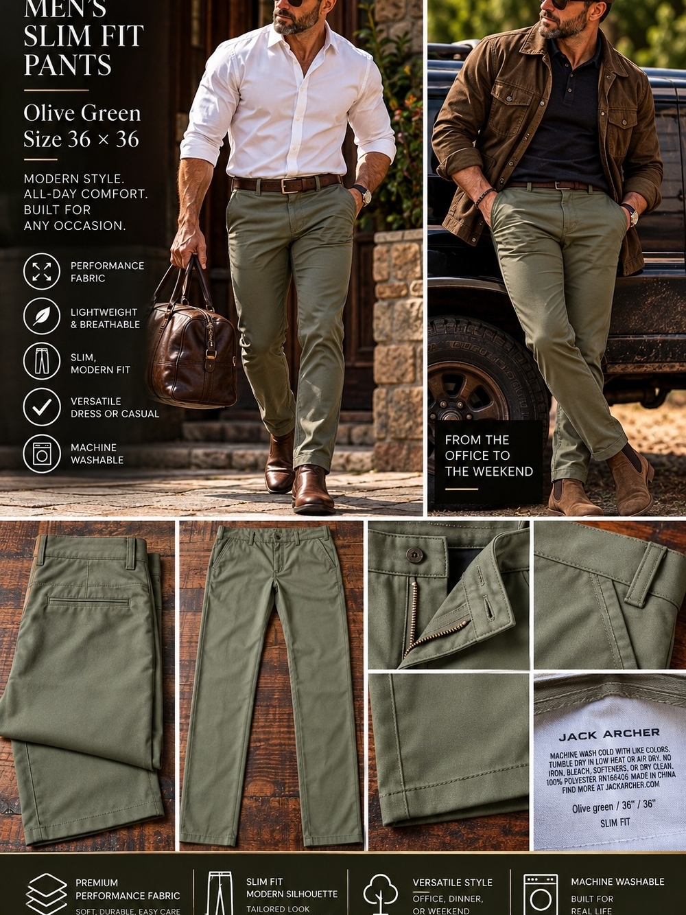 Jack Archer Men’s Slim Fit Performance Pants Olive Green 36x36